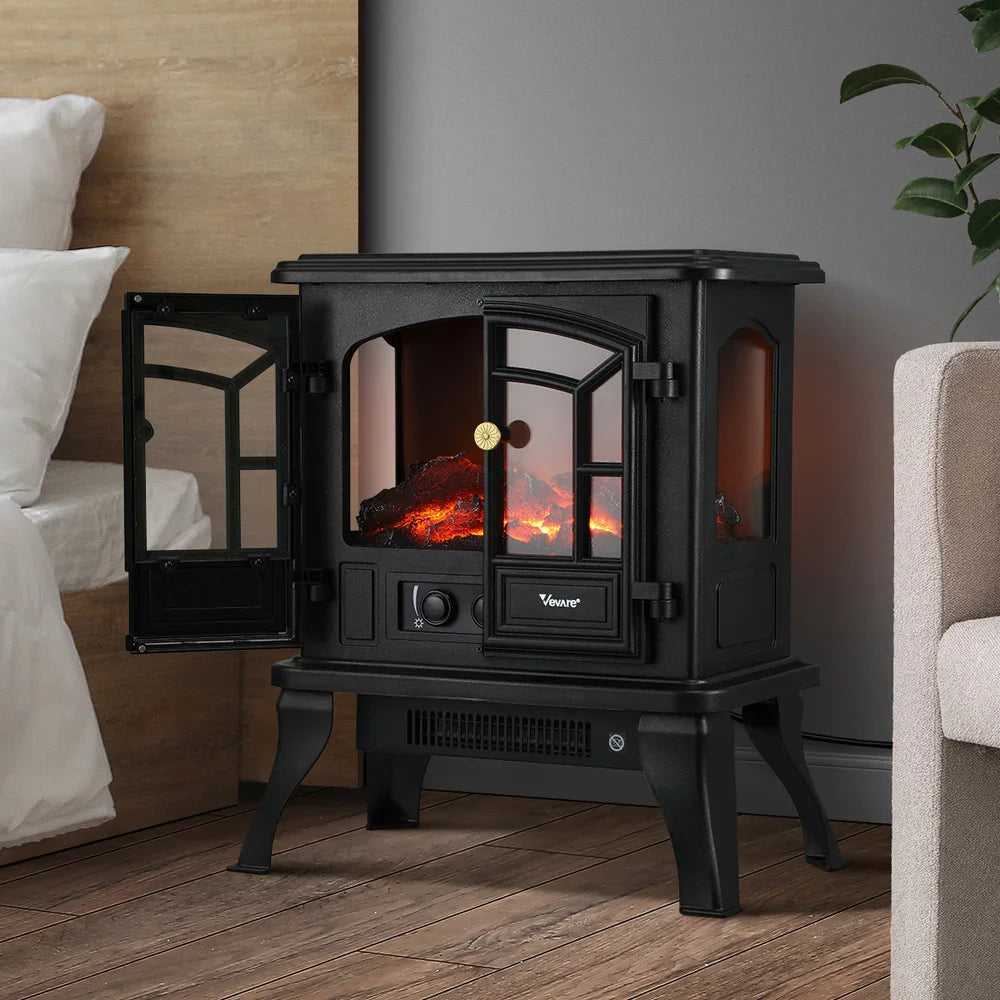 Electric Fireplace Heater – 2000W, 3D Flame, Thermostat, Freestanding Vintage