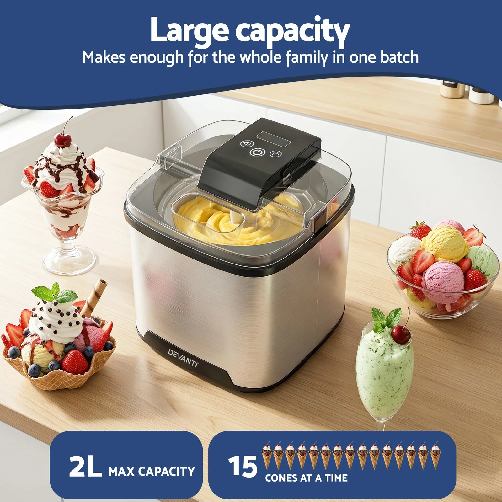 2L Ice Cream Maker with LED Display for Gelato, Frozen Yogurt & Sorbet