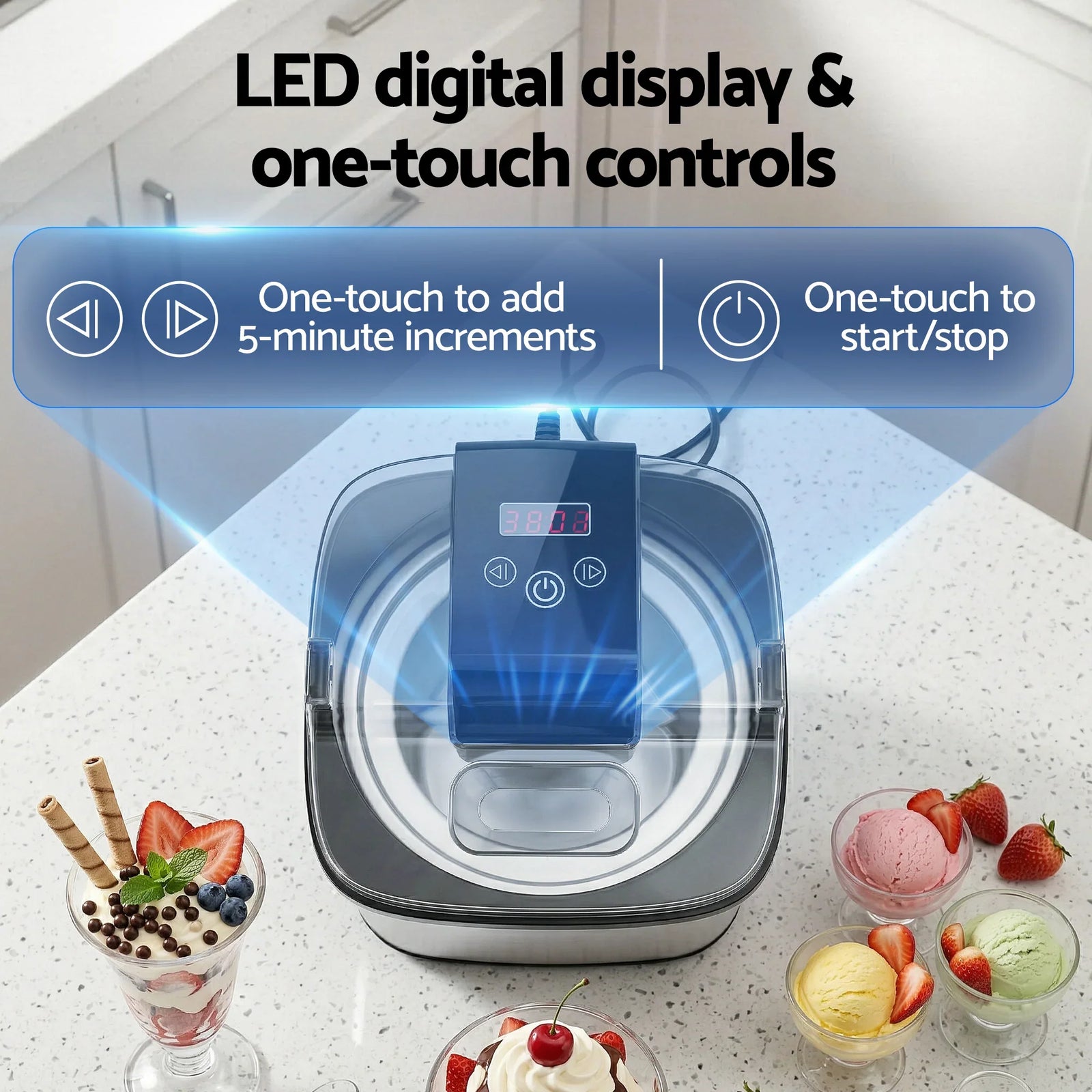 2L Ice Cream Maker with LED Display for Gelato, Frozen Yogurt & Sorbet