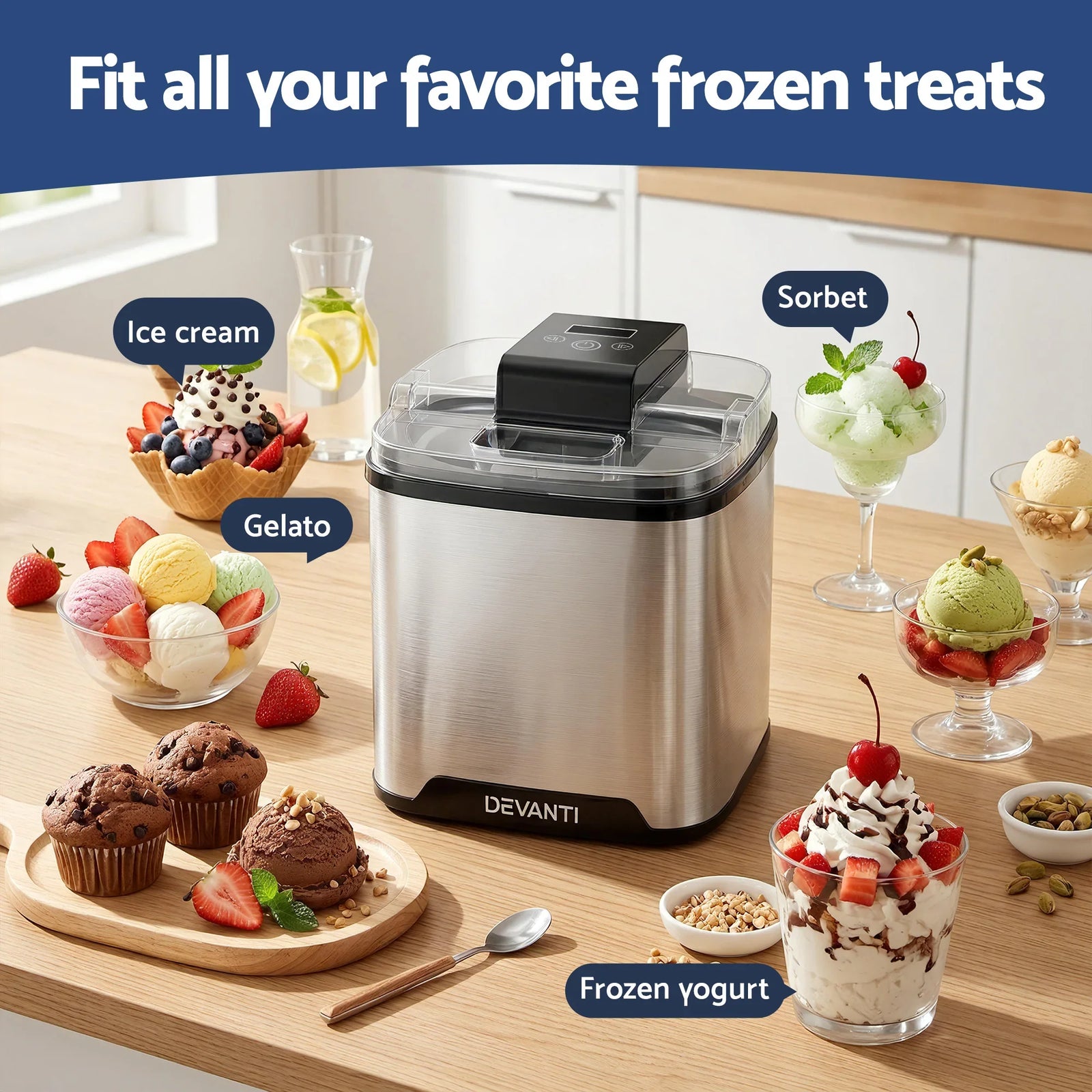 2L Ice Cream Maker with LED Display for Gelato, Frozen Yogurt & Sorbet