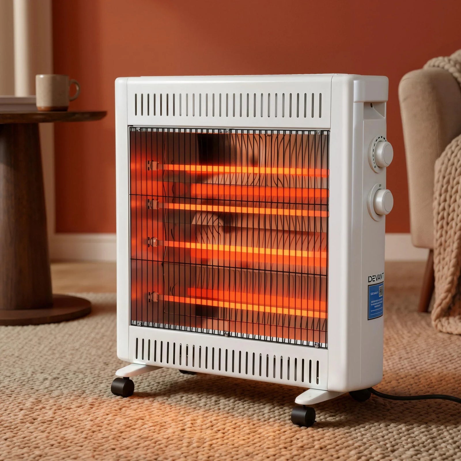 Infrared Radiant Heater – 1100/2200W Quartz, Portable Free‑Standing, White