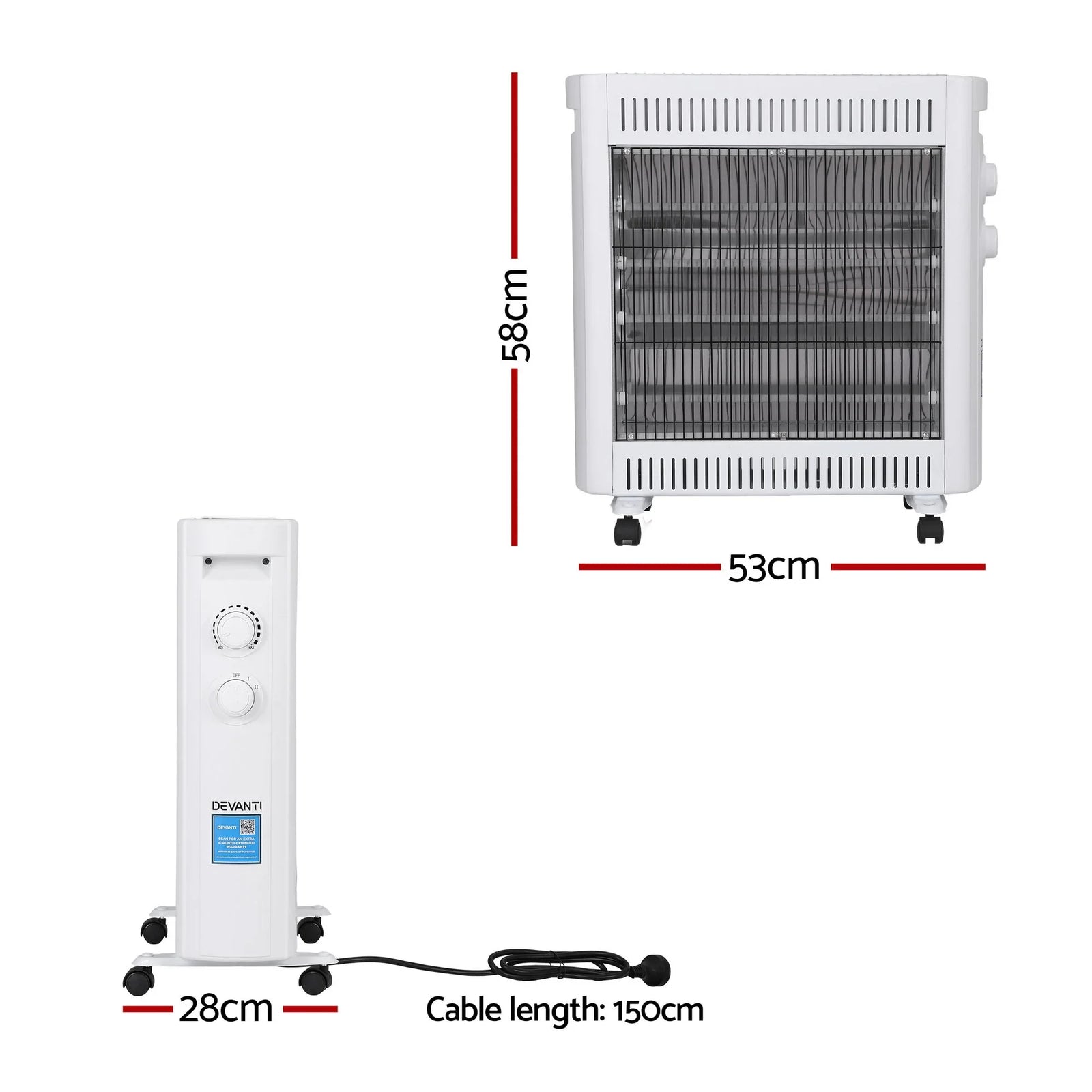 Infrared Radiant Heater – 1100/2200W Quartz, Portable Free‑Standing, White