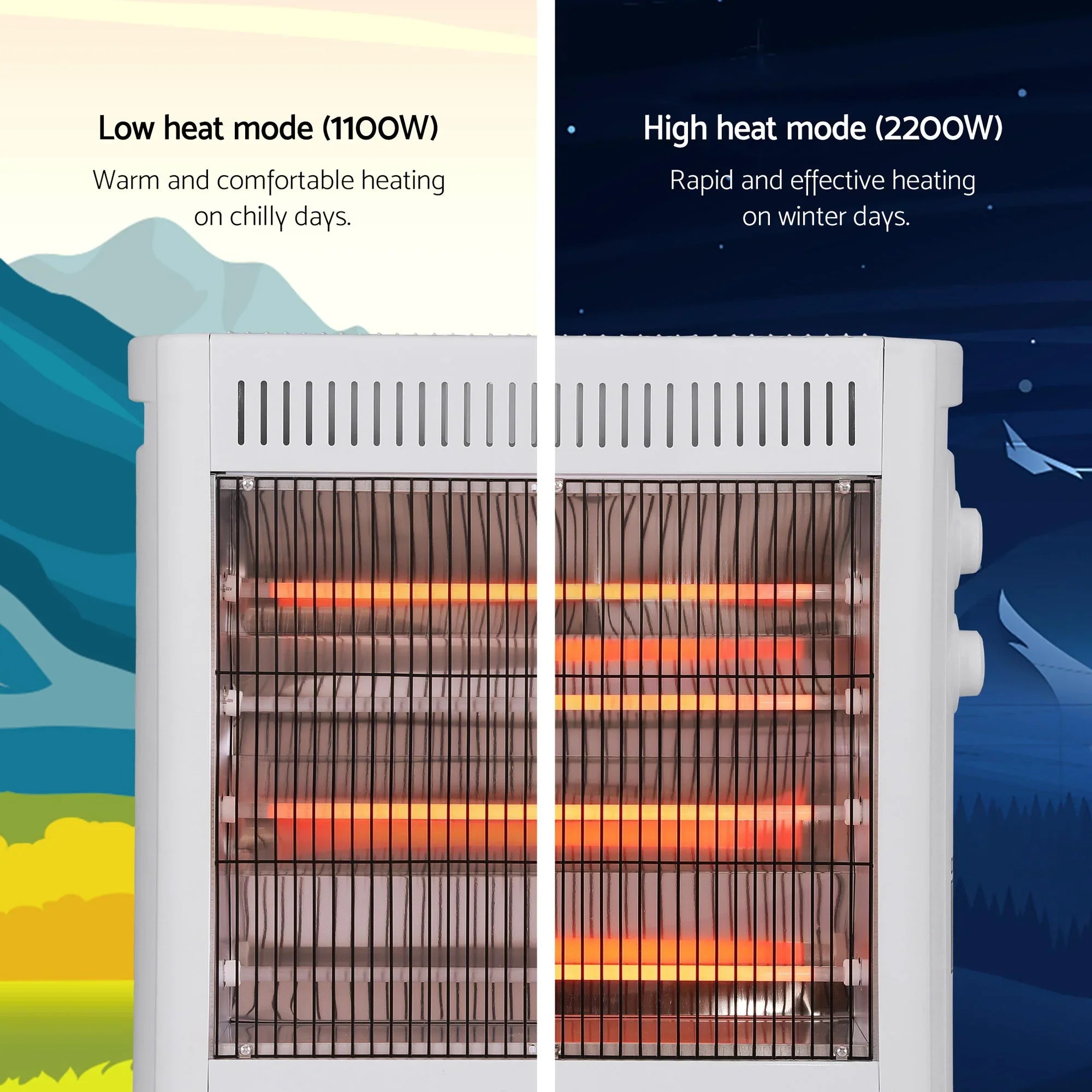 Infrared Radiant Heater – 1100/2200W Quartz, Portable Free‑Standing, White