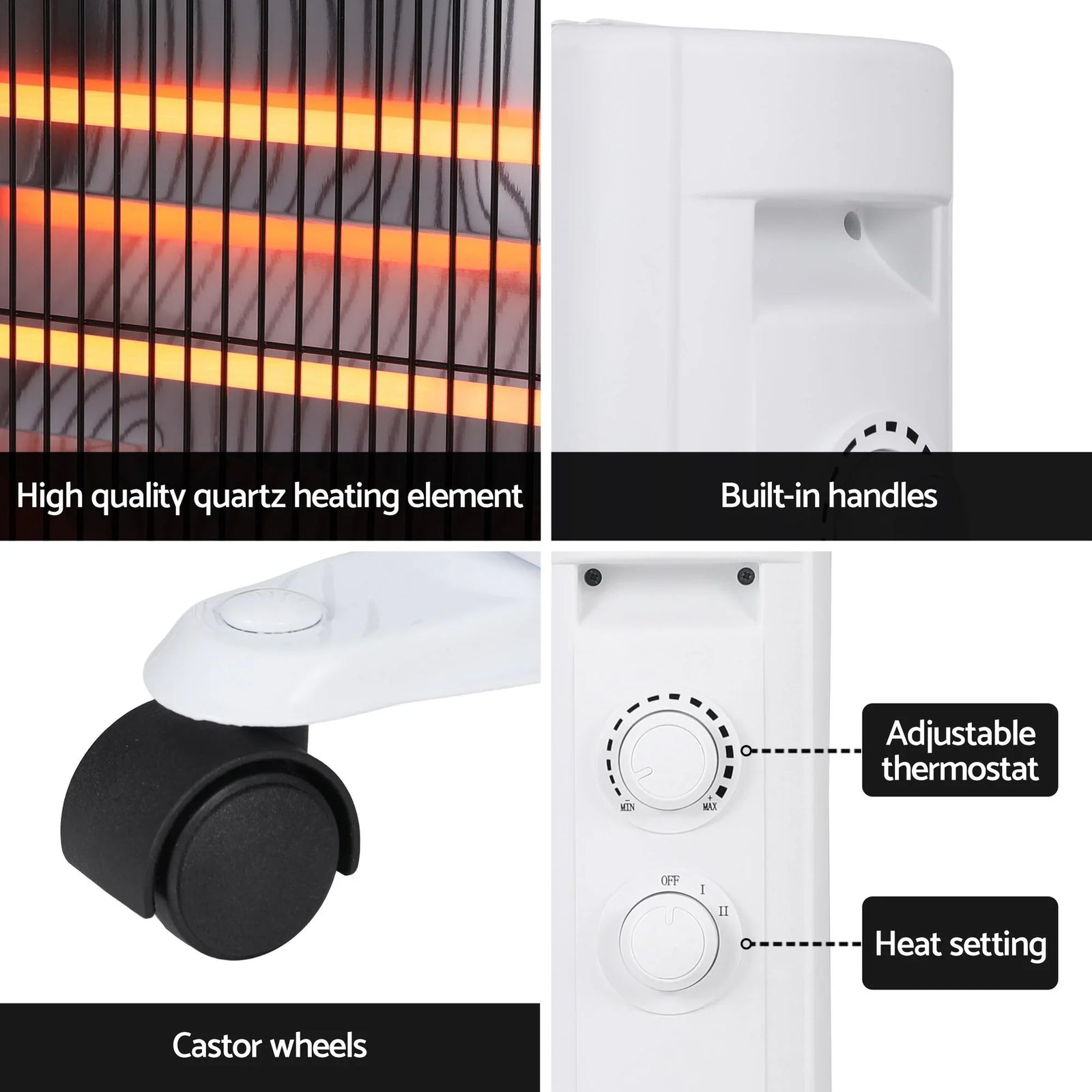 Infrared Radiant Heater – 1100/2200W Quartz, Portable Free‑Standing, White