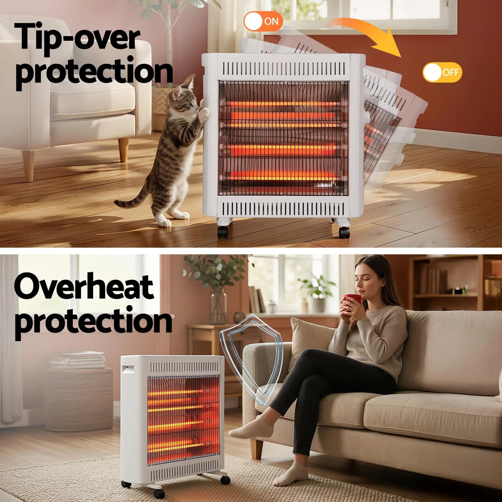 Infrared Radiant Heater – 1100/2200W Quartz, Portable Free‑Standing, White