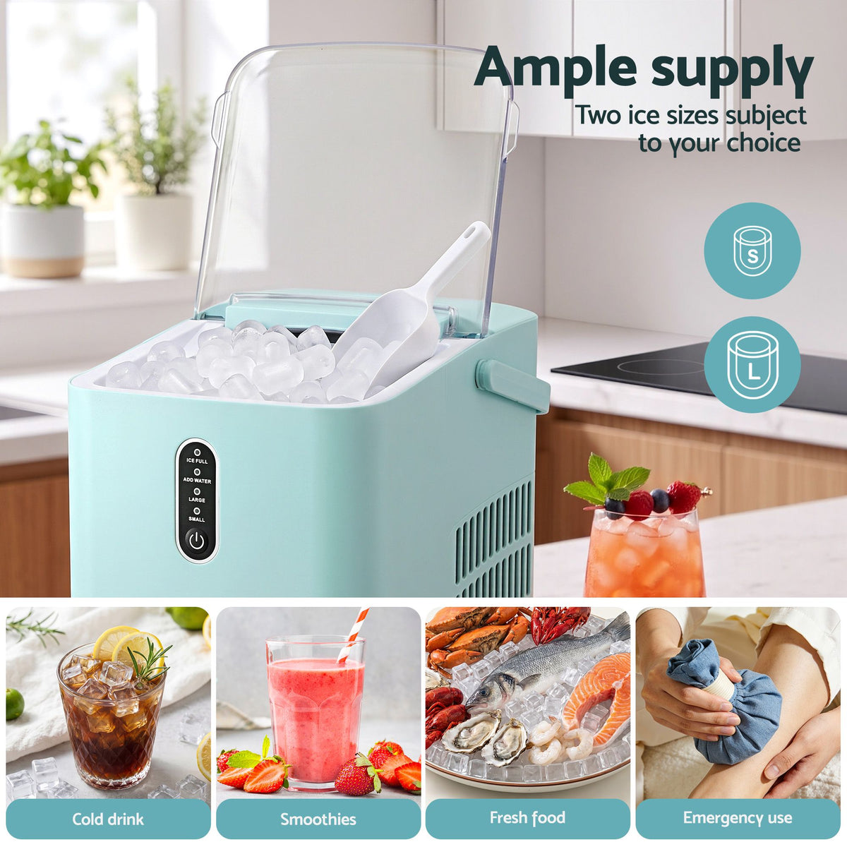 Devanti Ice Maker 12kg/24H, Portable Countertop Bullet Ice Machine Green