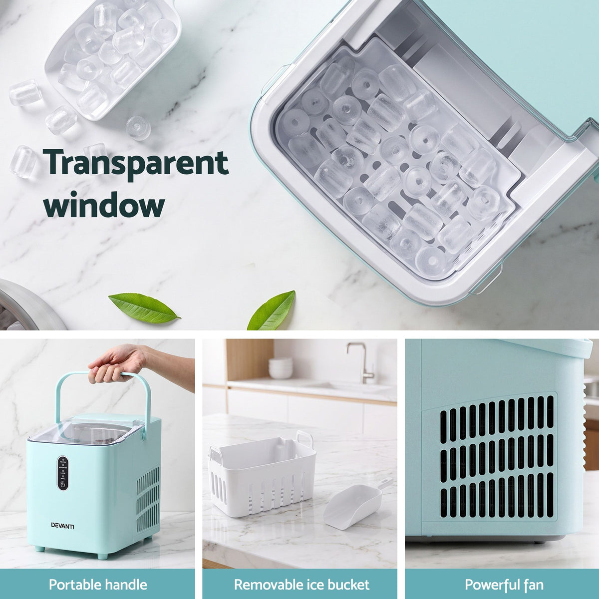 Devanti Ice Maker 12kg/24H, Portable Countertop Bullet Ice Machine Green
