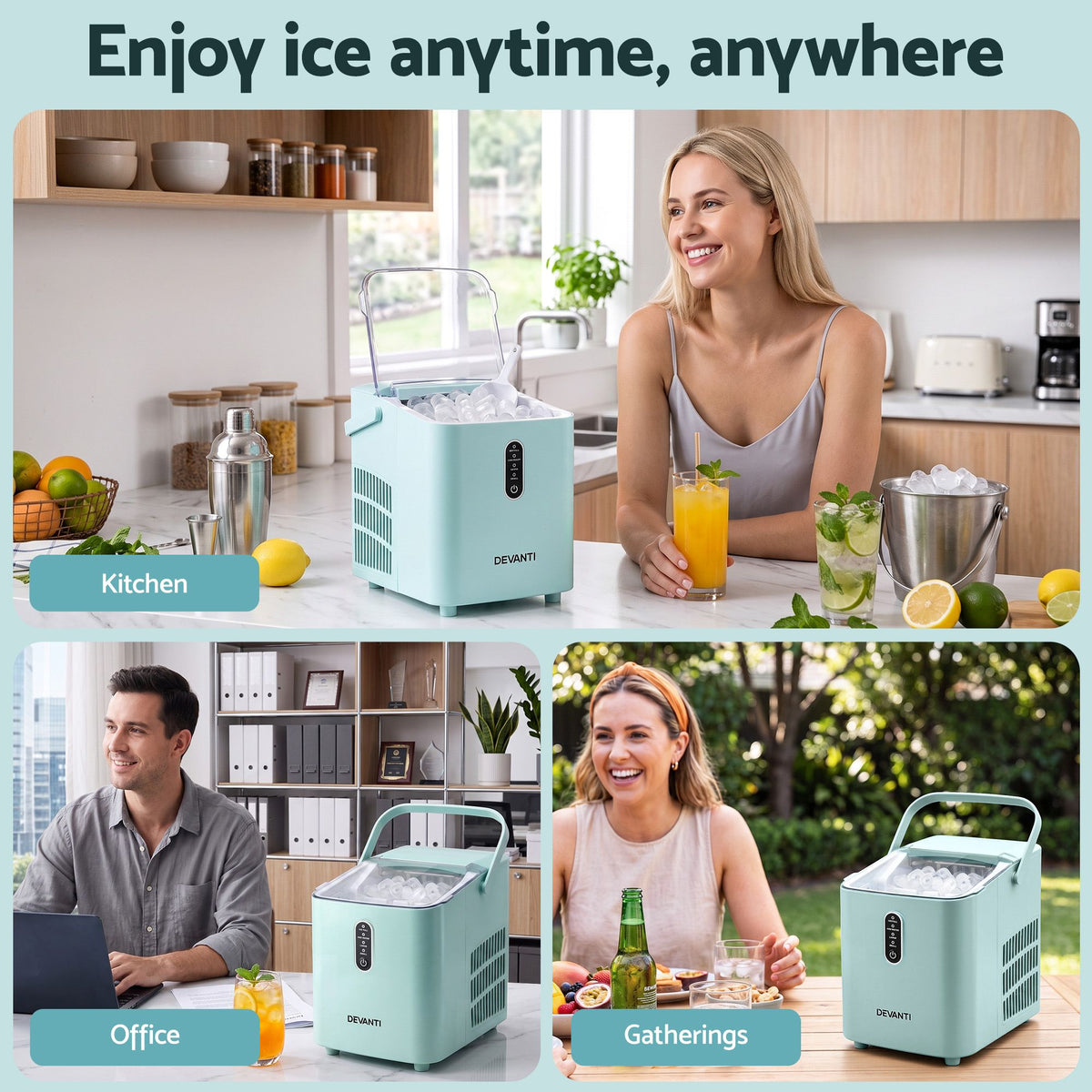 Devanti Ice Maker 12kg/24H, Portable Countertop Bullet Ice Machine Green