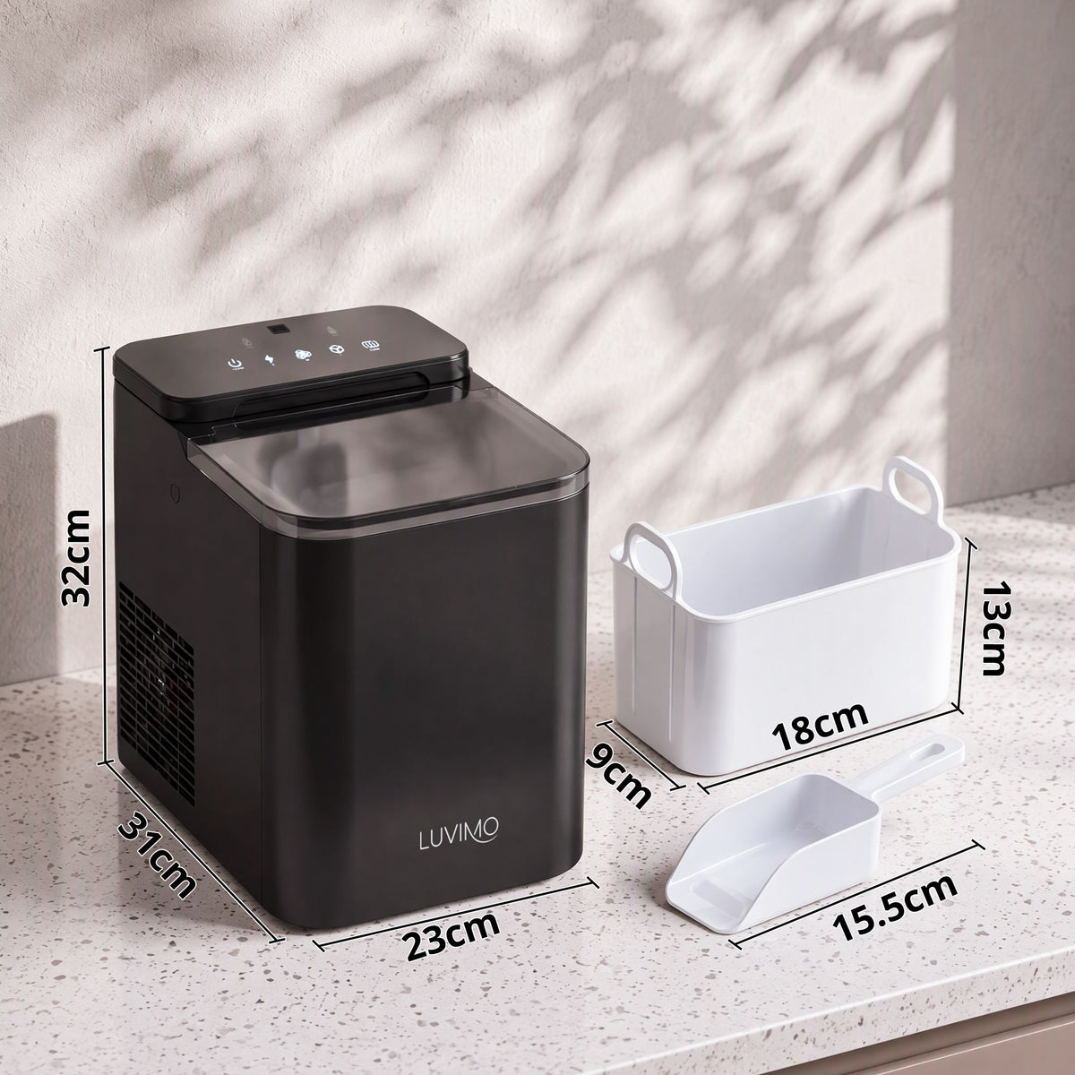 LUVIMO 15kg Ice Maker Machine Benchtop 9.5 Min Ice Cubes Self Cleaning Black
