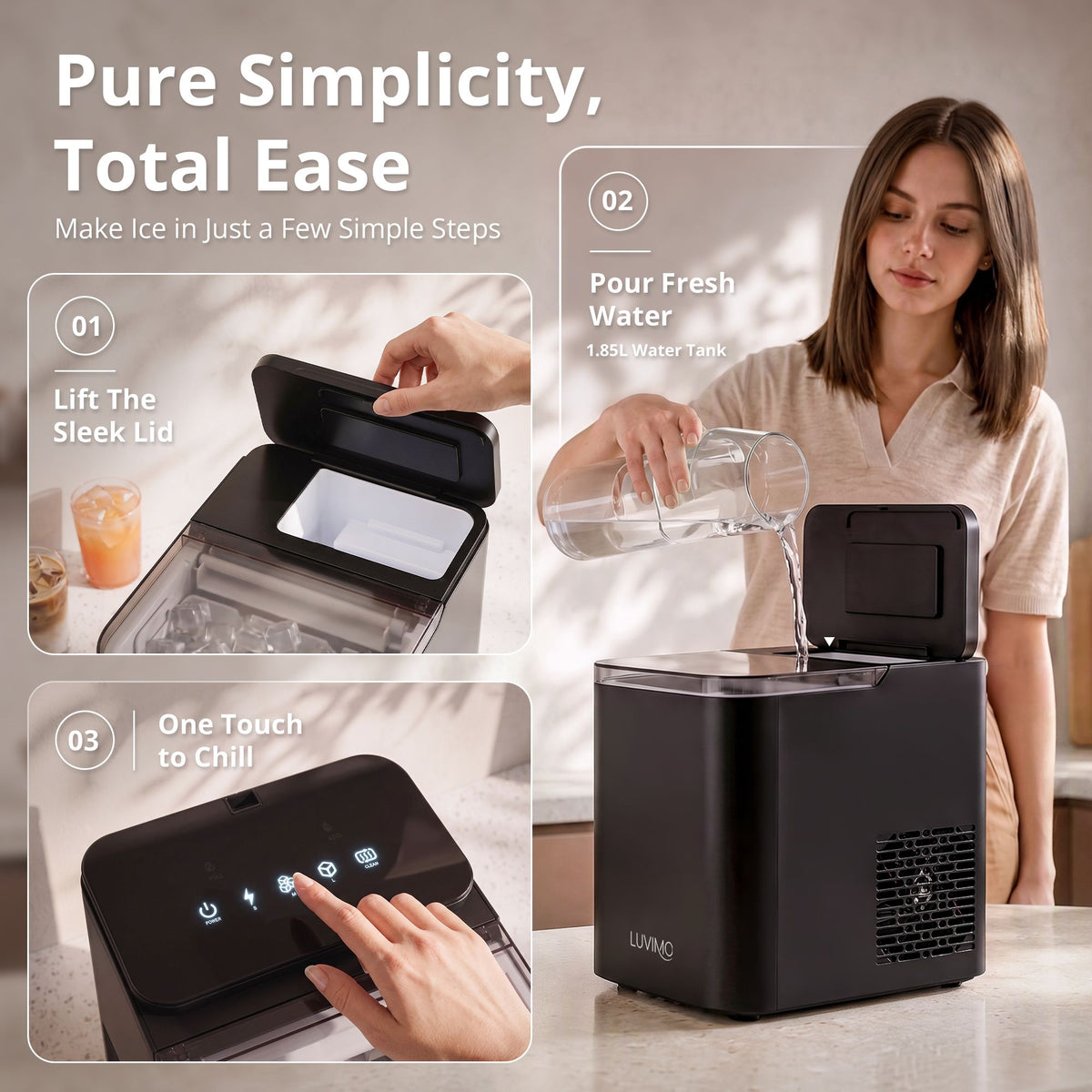 LUVIMO 15kg Ice Maker Machine Benchtop 9.5 Min Ice Cubes Self Cleaning Black