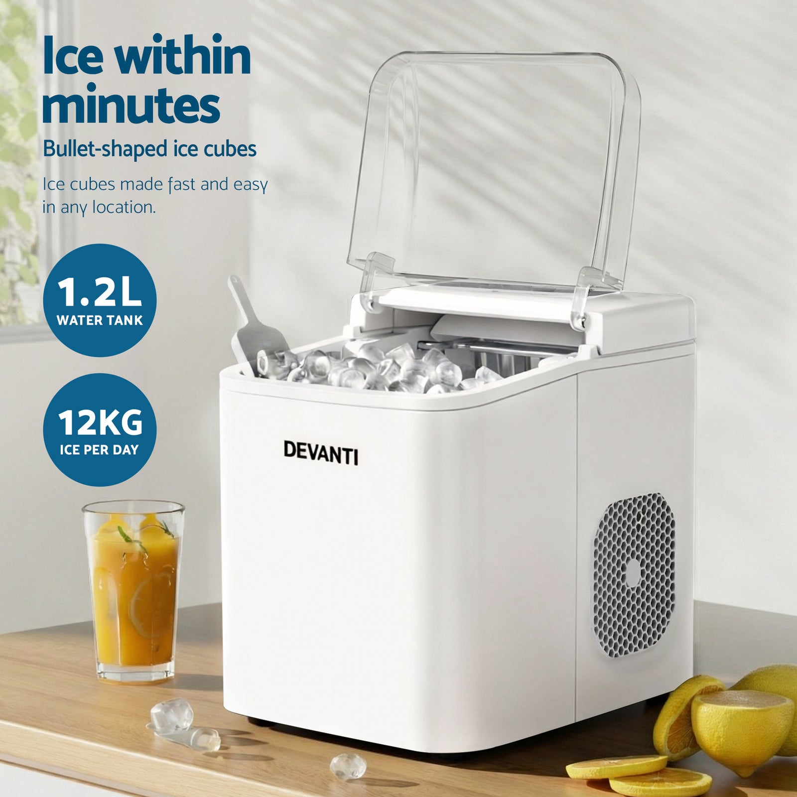 Ice Maker Machine Portable 12kg Countertop w/Self Cleaning 1.2L White