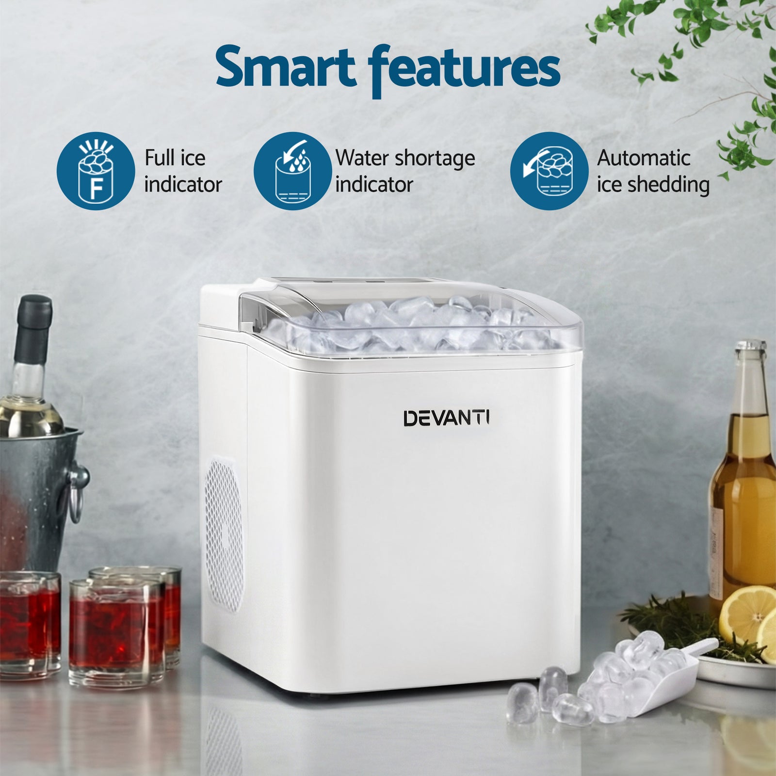 Ice Maker Machine Portable 12kg Countertop w/Self Cleaning 1.2L White