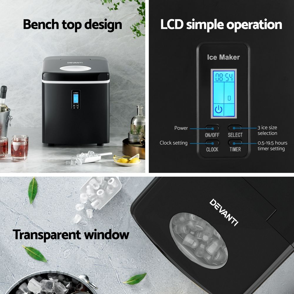 Portable Ice Maker 3L 15kg per Day Benchtop 9 Cubes 6min 3 Sizes Black