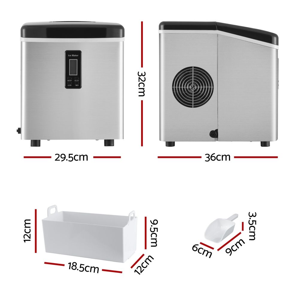 Portable Ice Maker – 15kg/Day, 9 Cubes in 6–13 Mins, 3 Sizes, Timer, Silver