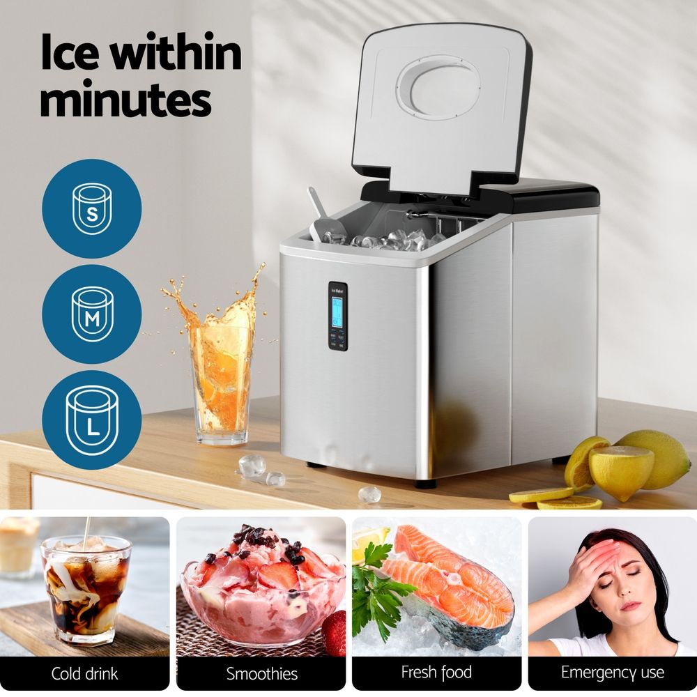 Portable Ice Maker – 15kg/Day, 9 Cubes in 6–13 Mins, 3 Sizes, Timer, Silver