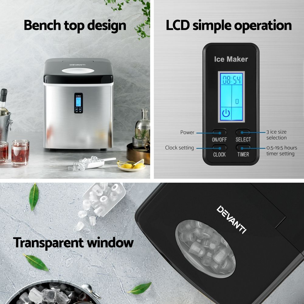 Portable Ice Maker – 15kg/Day, 9 Cubes in 6–13 Mins, 3 Sizes, Timer, Silver
