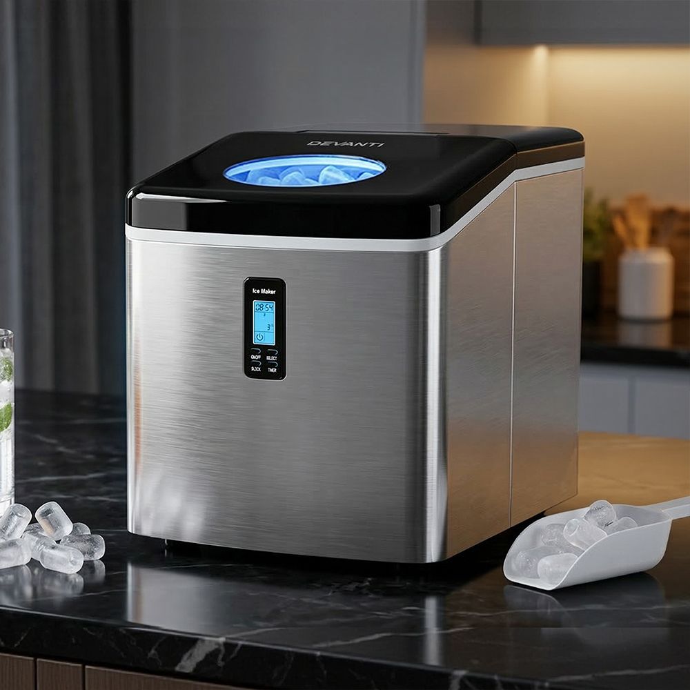 Portable Ice Maker – 15kg/Day, 9 Cubes in 6–13 Mins, 3 Sizes, Timer, Silver