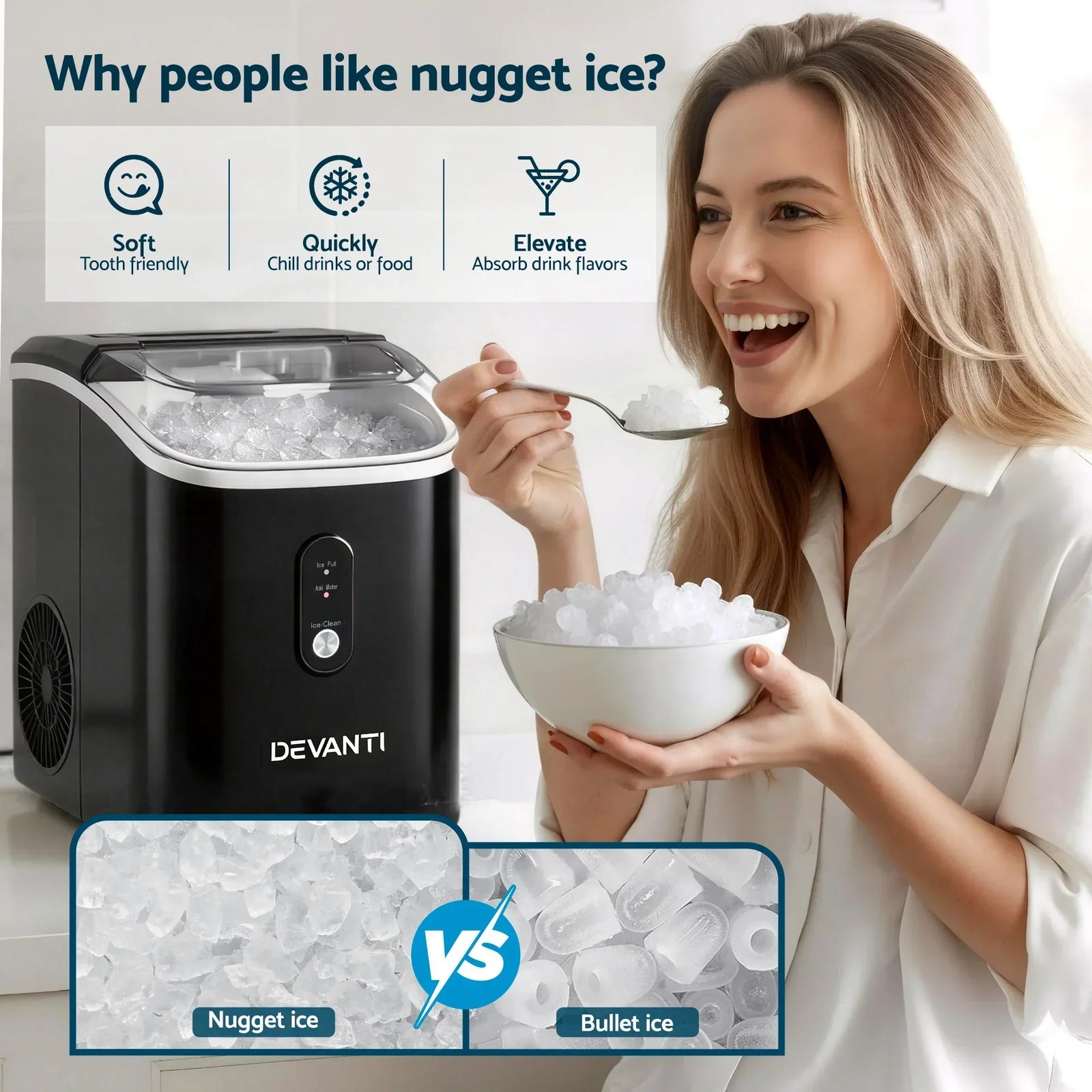 15kg Nugget Ice Maker Machine Countertop Portable Ice Maker Fast Ice Black