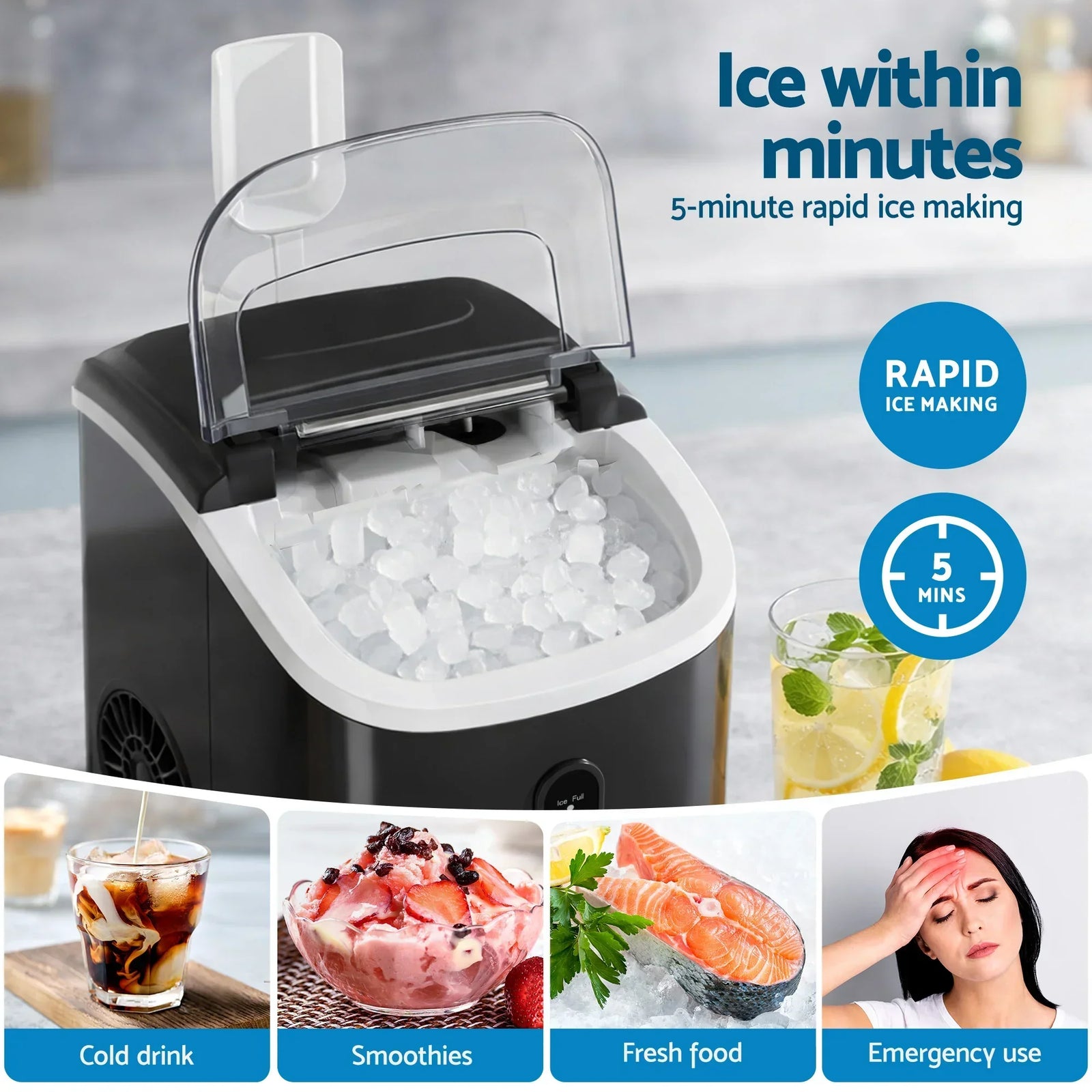 15kg Nugget Ice Maker Machine Countertop Portable Ice Maker Fast Ice Black