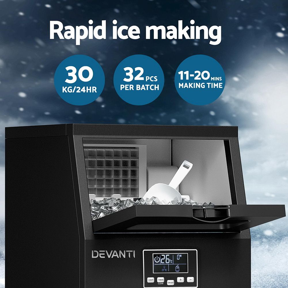 30kg Commercial Ice Maker Machine 32 Cubes/Cycle LED Self Clean Black