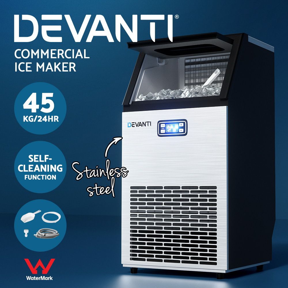 Devanti Commercial Ice Maker Machine, 45kg/24h, Self-Cleaning, Black/Silver