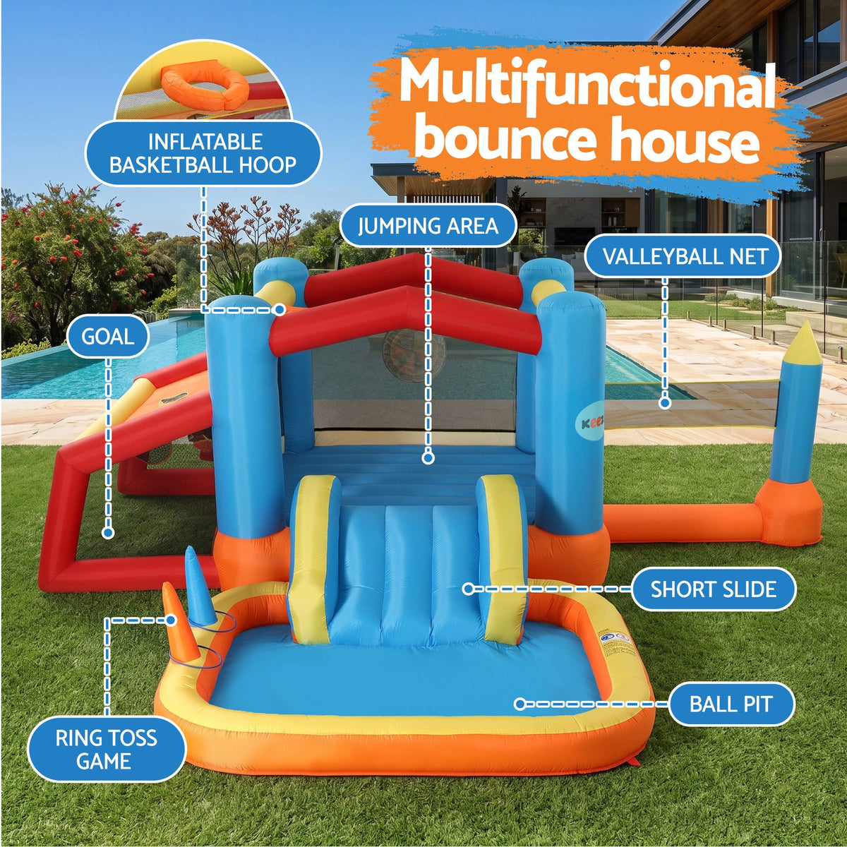 Inflatable Kids Pool Play Park Jumping Castle Volleyball Net with Blower Balls 4mx4.37m