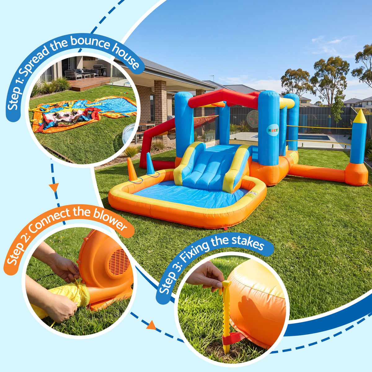 Inflatable Kids Pool Play Park Jumping Castle Volleyball Net with Blower Balls 4mx4.37m