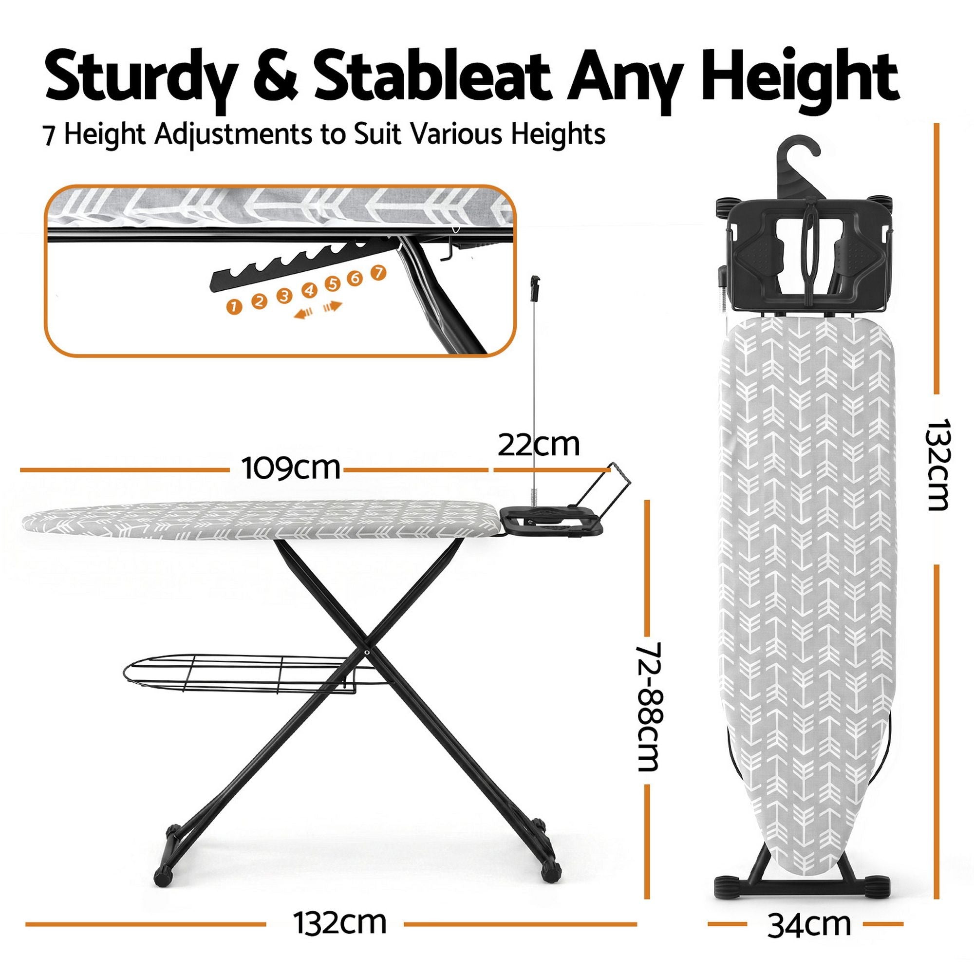 Foldable Ironing Board – Heavy‑Duty Steel, 7‑Level Height, Mesh Base, 20kg