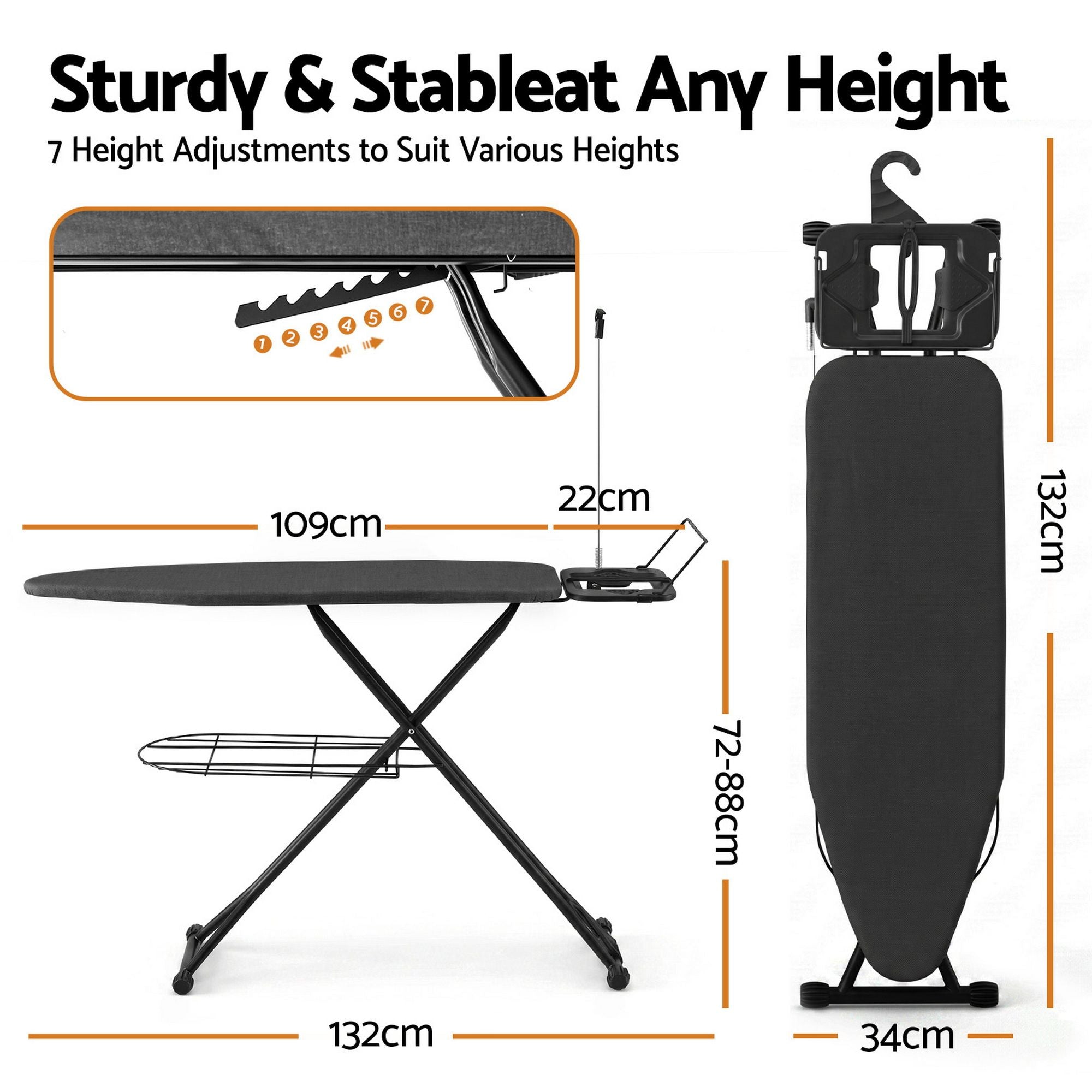 Foldable Ironing Board – Heavy‑Duty Steel, Mesh Base, 7‑Level Height, 20kg