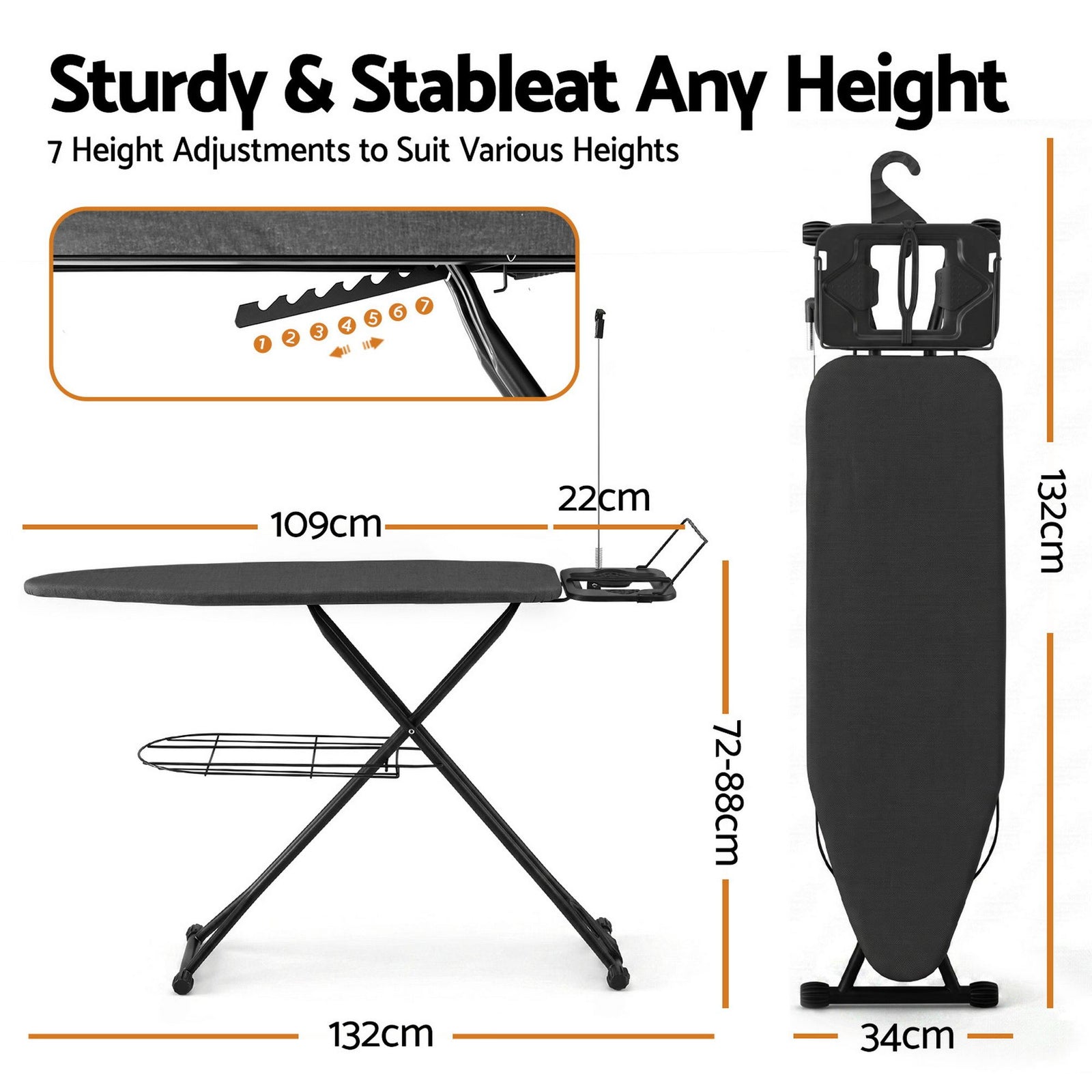 Foldable Ironing Board – Heavy‑Duty Steel, Mesh Base, 7‑Level Height, 20kg