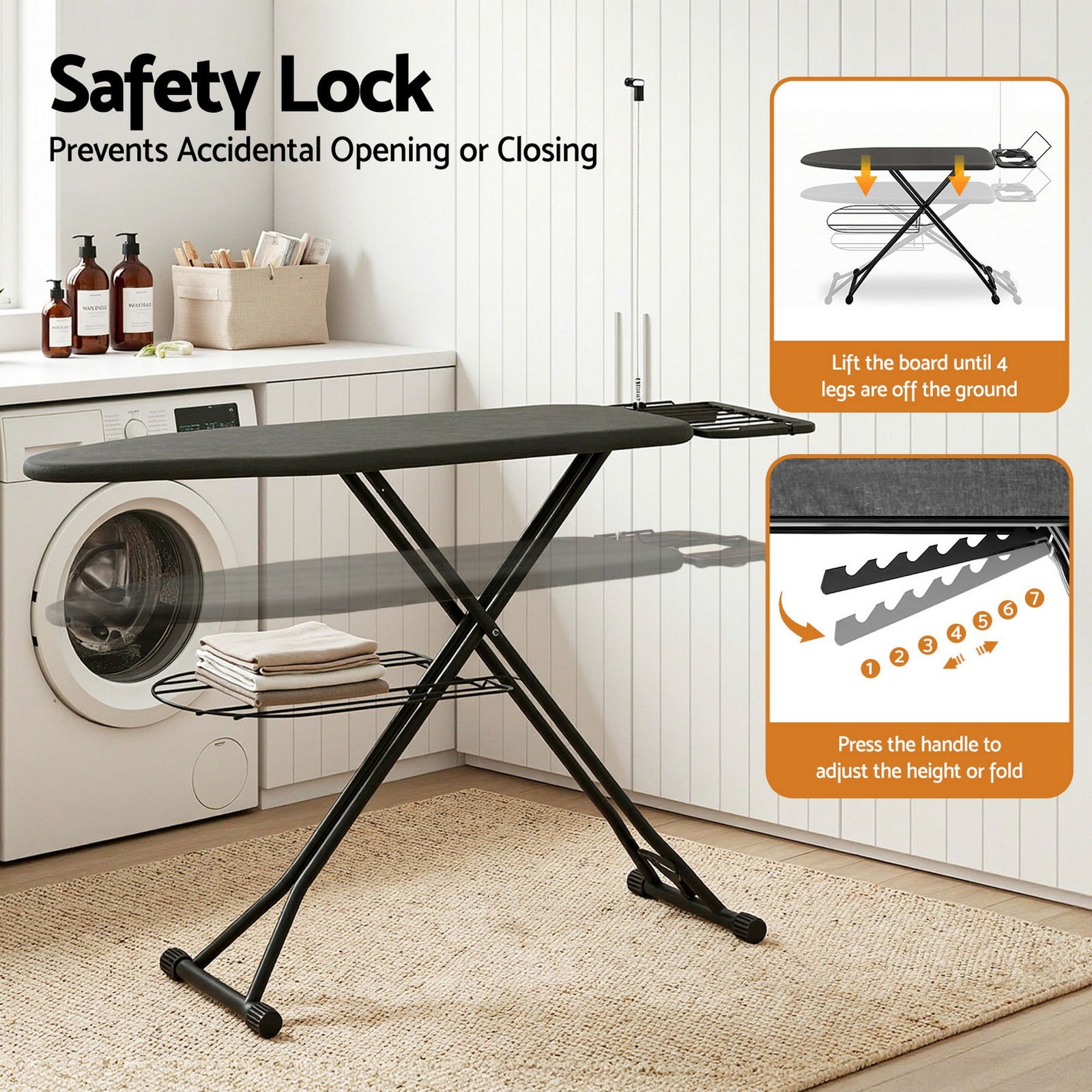 Foldable Ironing Board – Heavy‑Duty Steel, Mesh Base, 7‑Level Height, 20kg