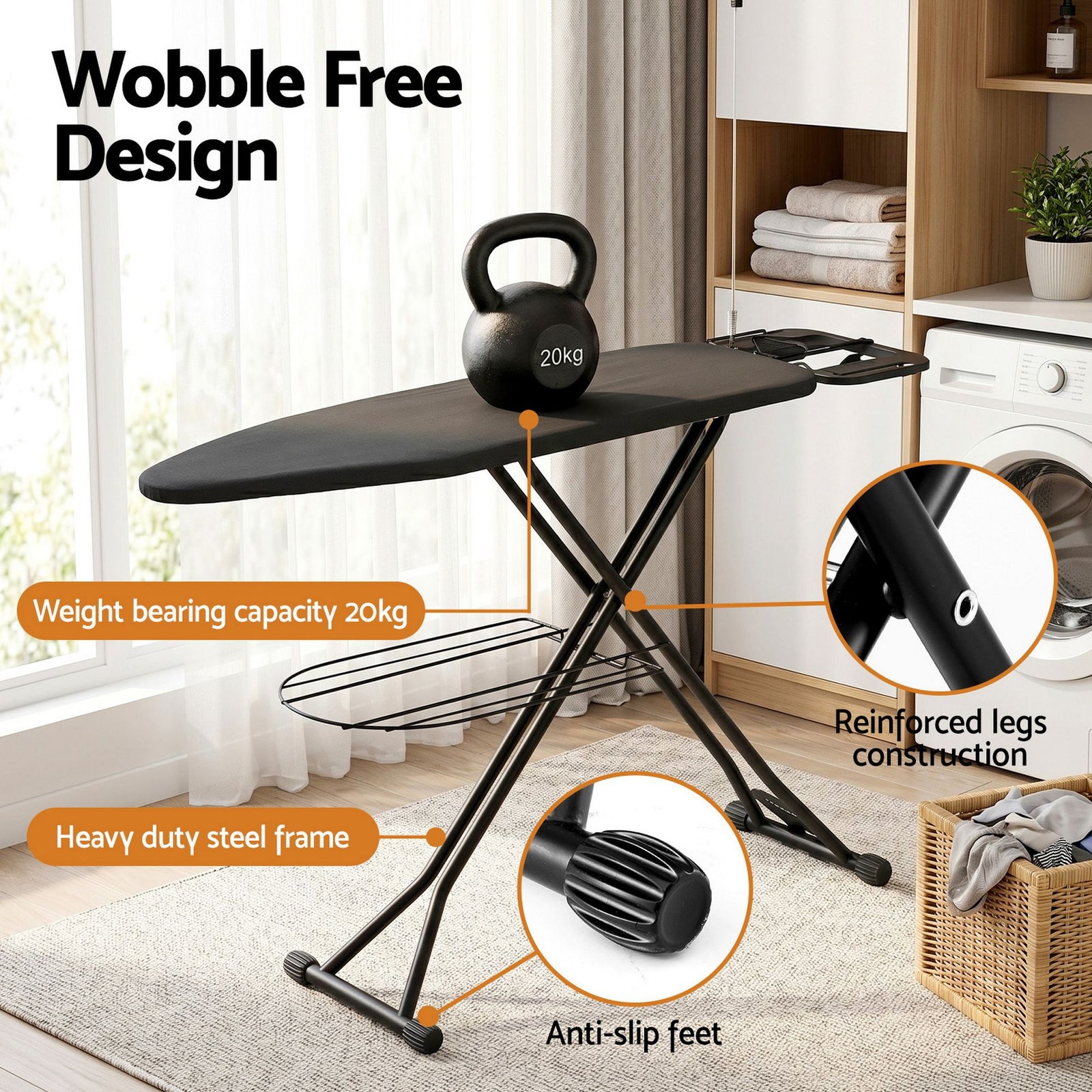Foldable Ironing Board – Heavy‑Duty Steel, Mesh Base, 7‑Level Height, 20kg