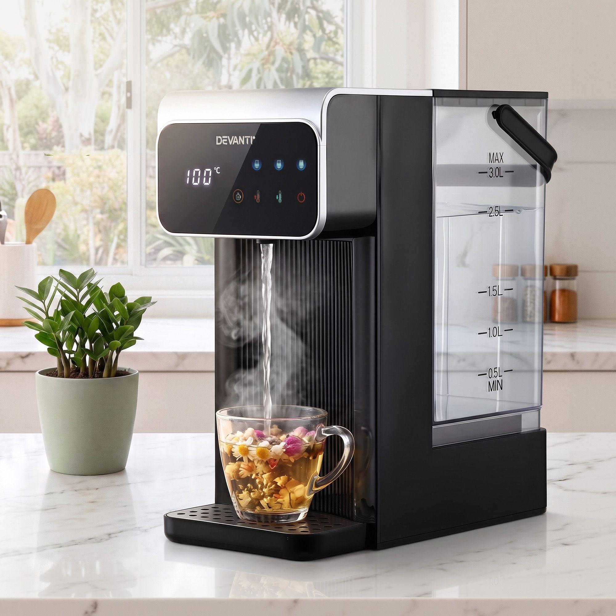 Devanti 3L Instant Hot Water Dispenser 2400W Touch Control Kettle Black
