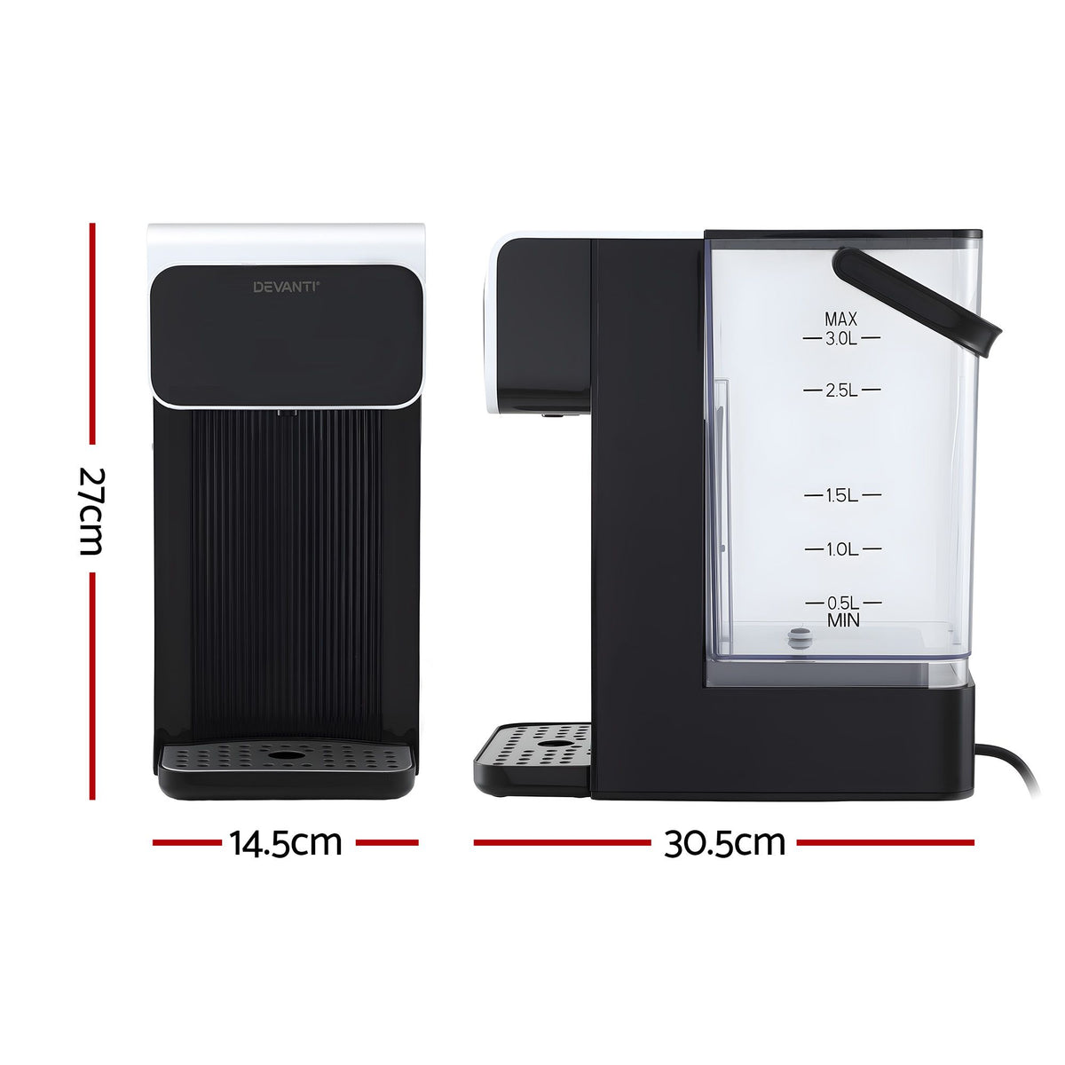 Devanti 3L Instant Hot Water Dispenser 2400W, 8 Temp Touch Control Kettle, Black