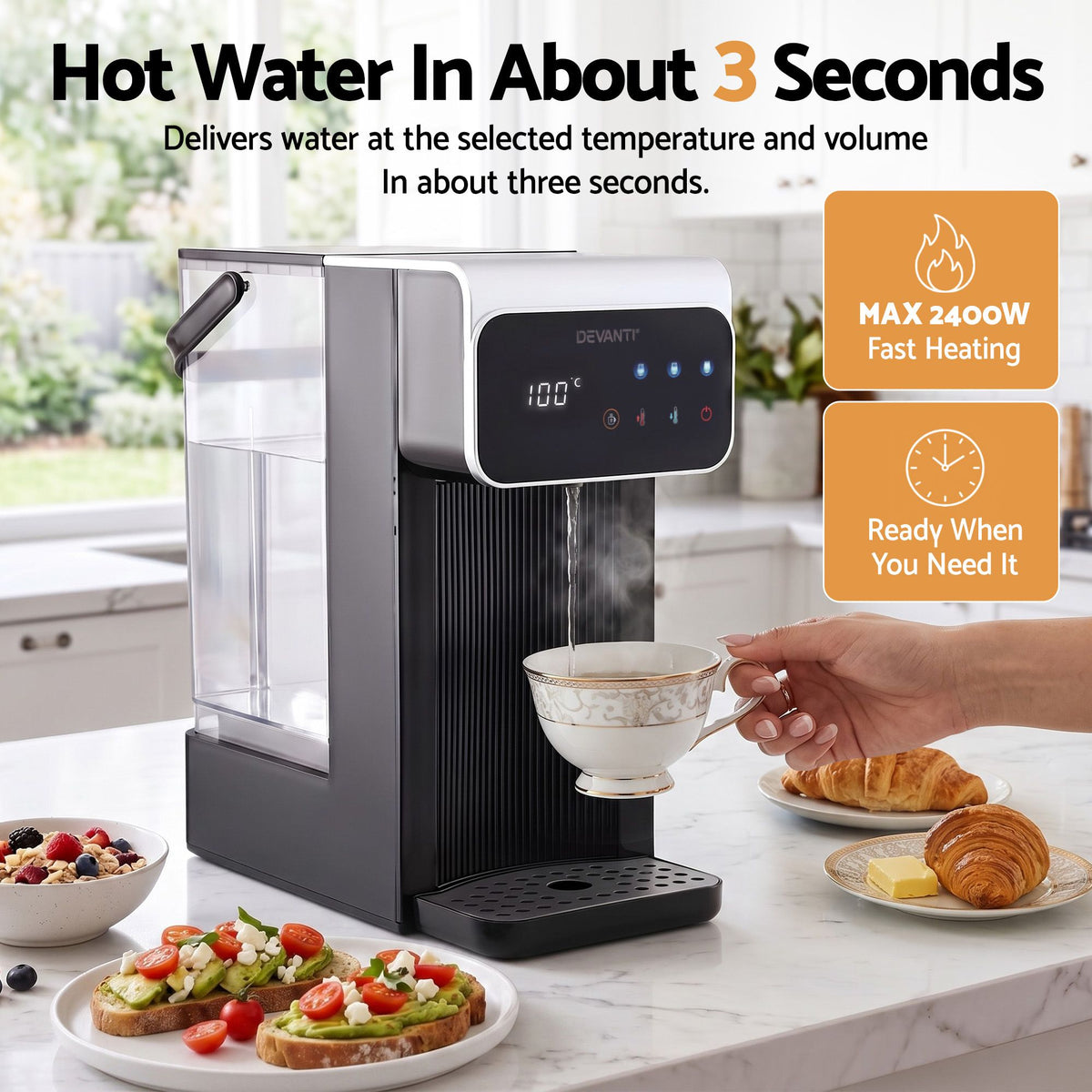 Devanti 3L Instant Hot Water Dispenser 2400W, 8 Temp Touch Control Kettle, Black
