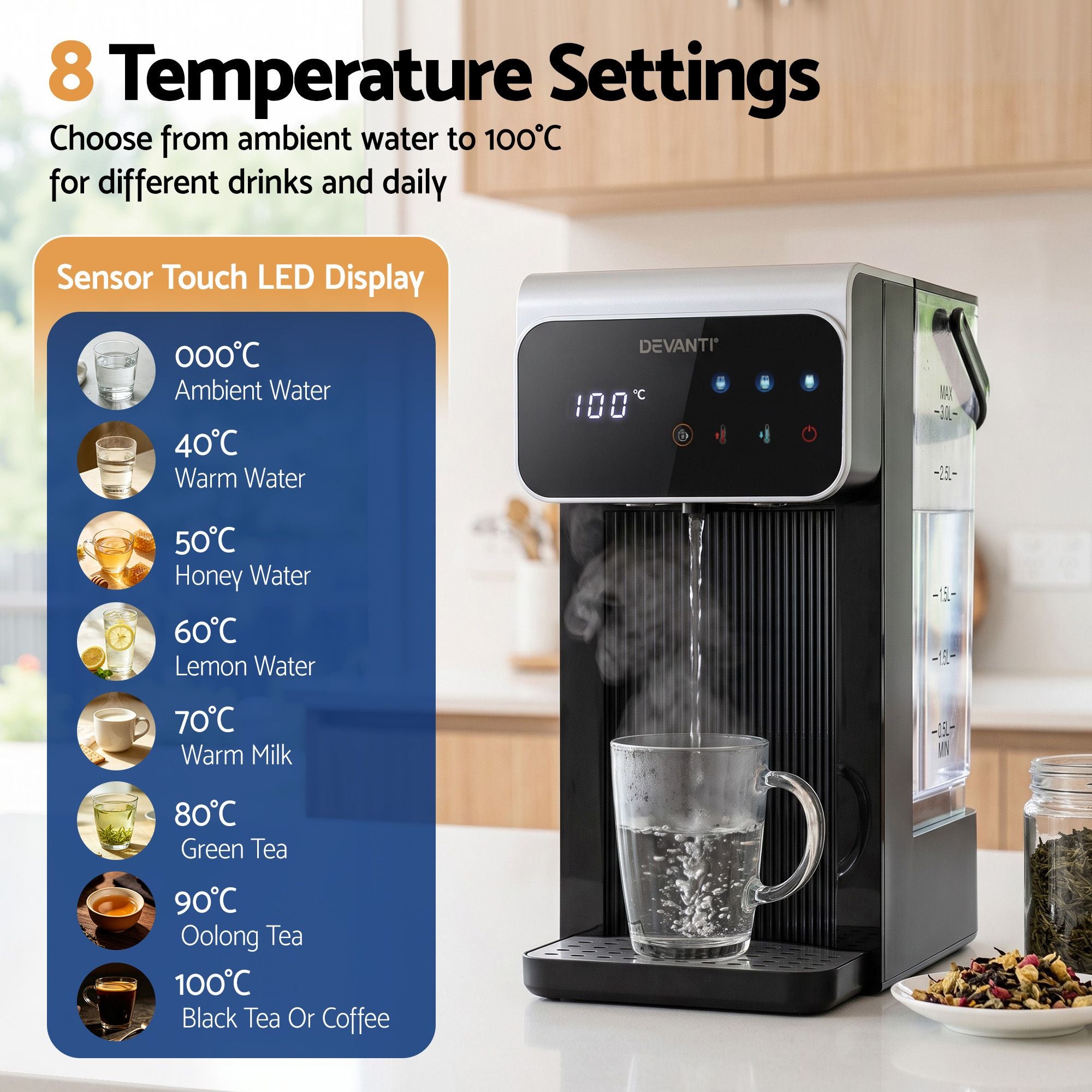 Devanti 3L Instant Hot Water Dispenser 2400W Touch Control Kettle Black