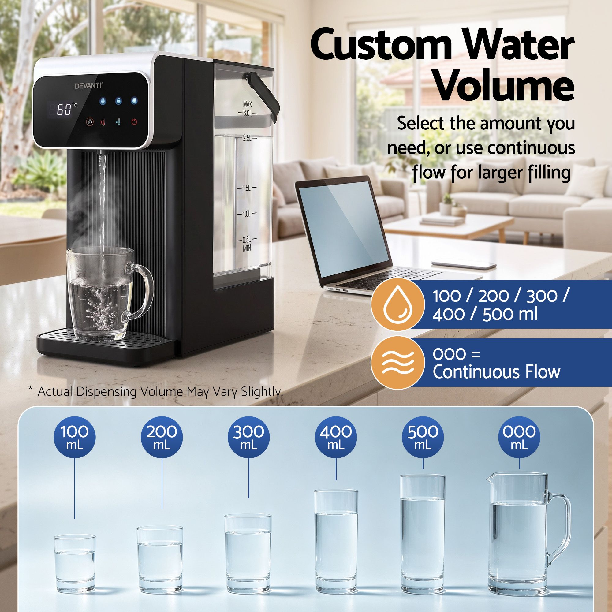 Devanti 3L Instant Hot Water Dispenser 2400W Touch Control Kettle Black