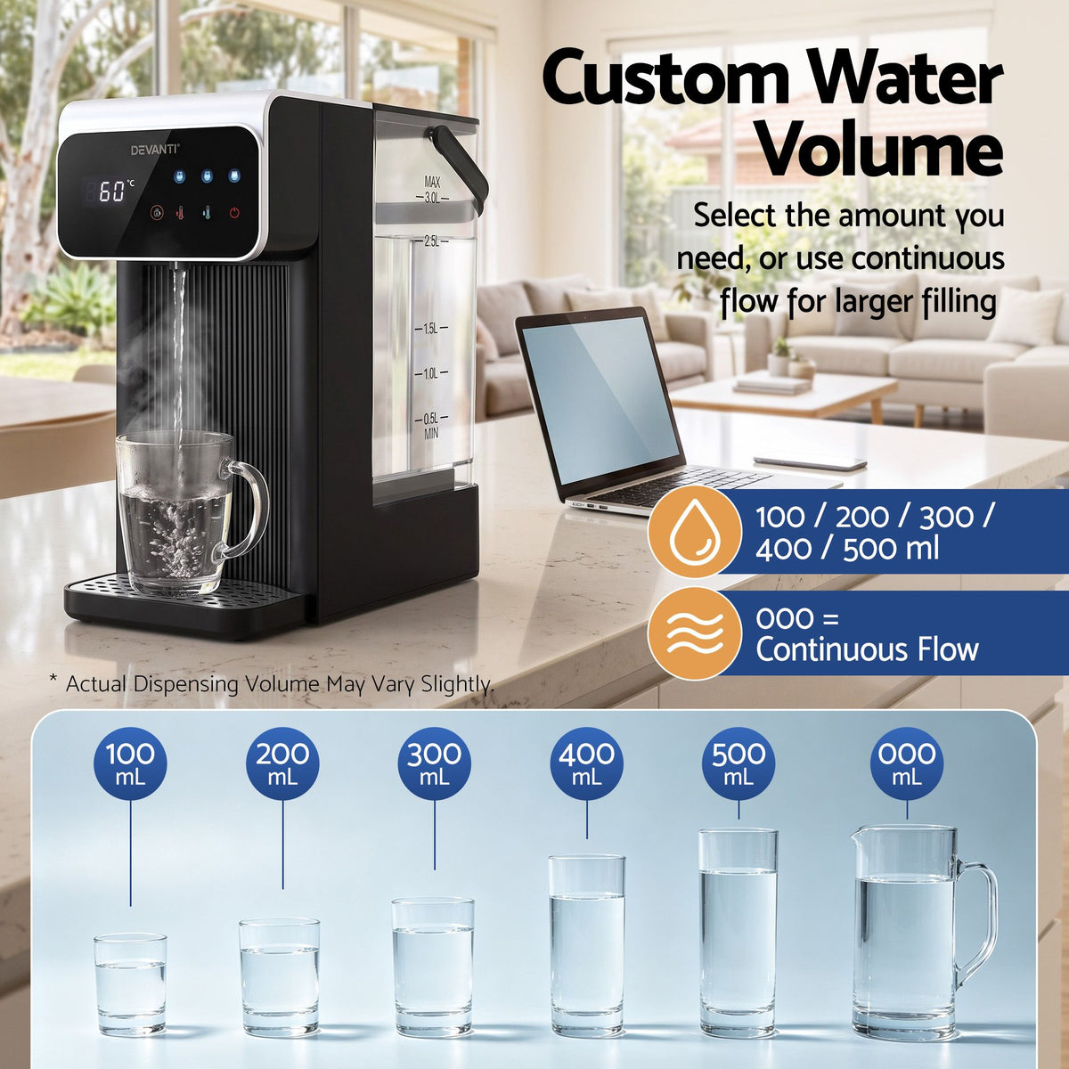 Devanti 3L Instant Hot Water Dispenser 2400W, 8 Temp Touch Control Kettle, Black