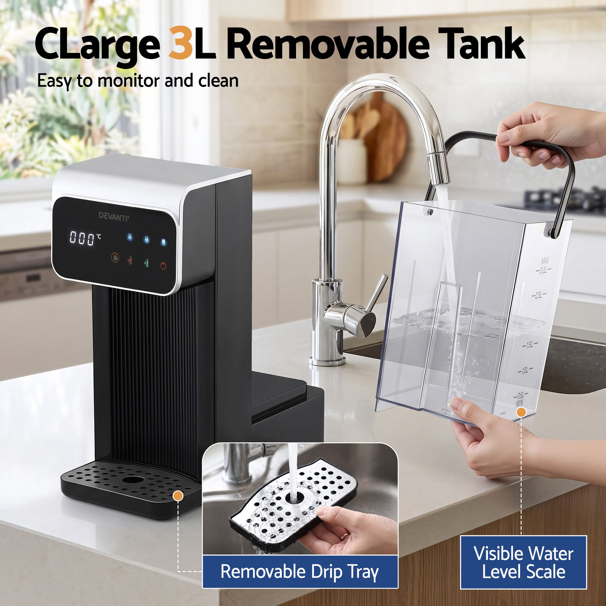 Devanti 3L Instant Hot Water Dispenser 2400W Touch Control Kettle Black