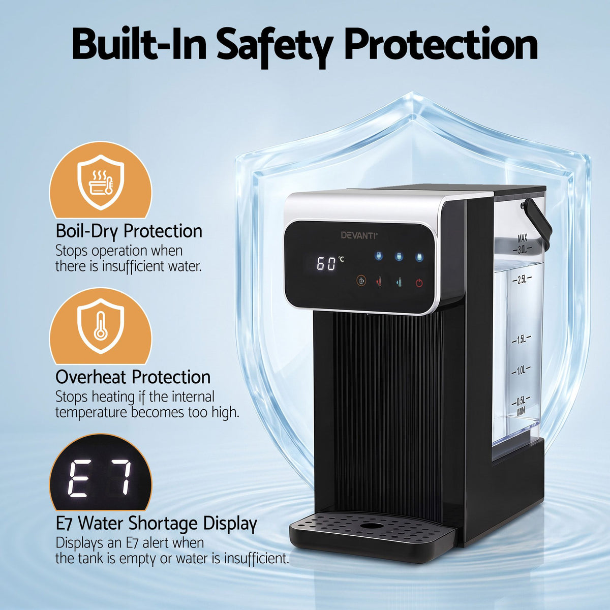 Devanti 3L Instant Hot Water Dispenser 2400W, 8 Temp Touch Control Kettle, Black