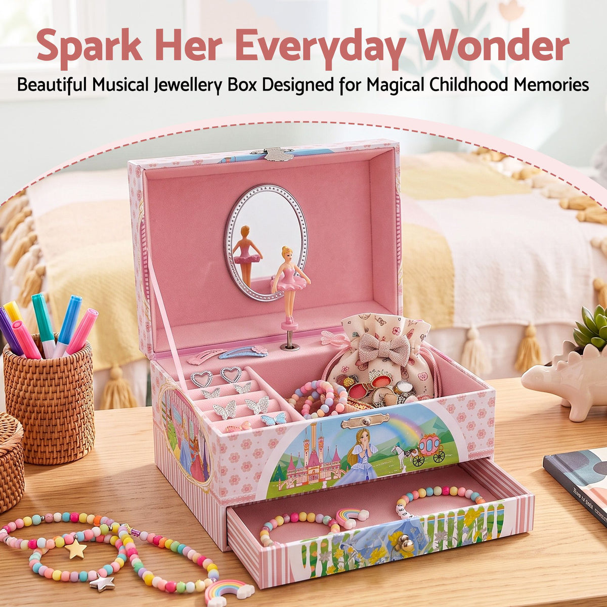 Keezi Kids Musical Jewellery Box with Mirror & Drawer Pink Princess Girls Gift