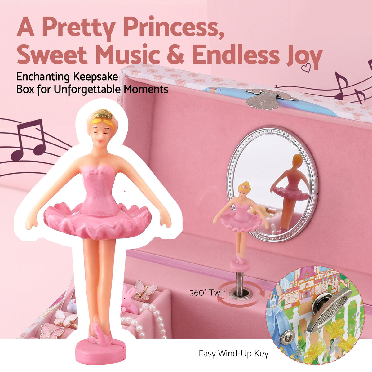 Keezi Kids Musical Jewellery Box with Mirror & Drawer Pink Princess Girls Gift
