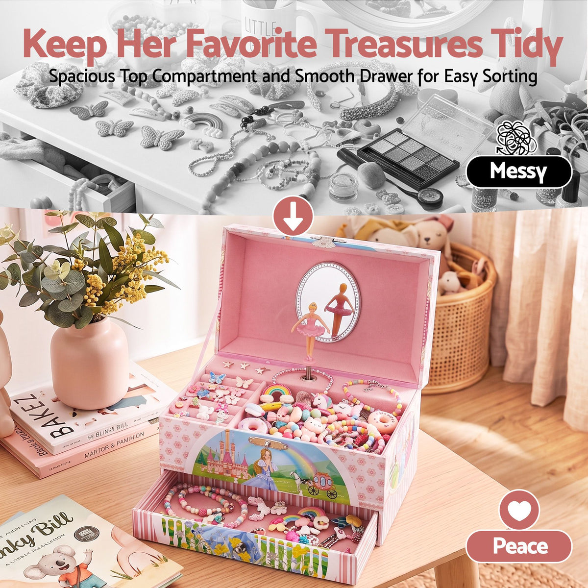 Keezi Kids Musical Jewellery Box with Mirror & Drawer Pink Princess Girls Gift
