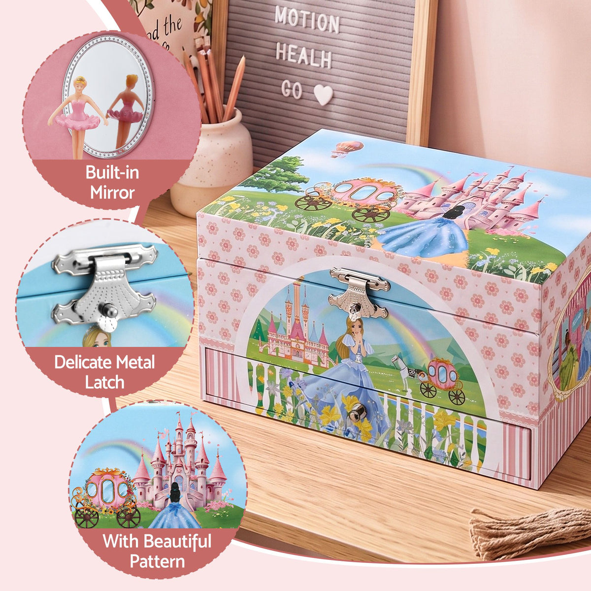 Keezi Kids Musical Jewellery Box with Mirror & Drawer Pink Princess Girls Gift