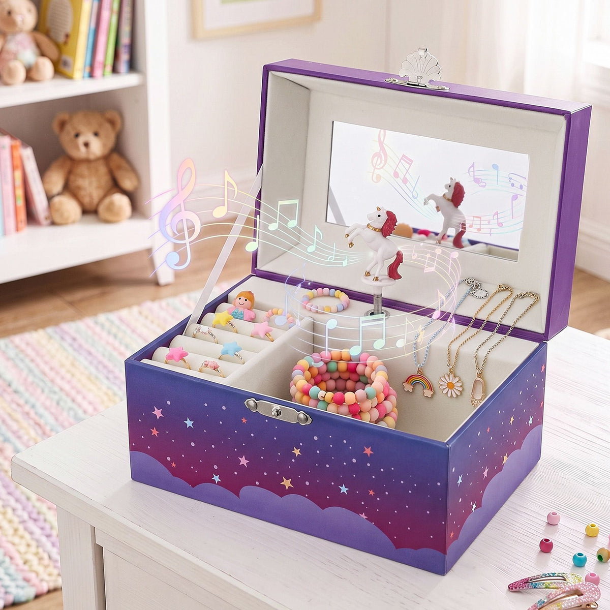 Keezi Kids Musical Jewellery Box with Mirror Purple Unicorn Wind-Up Girls Gift