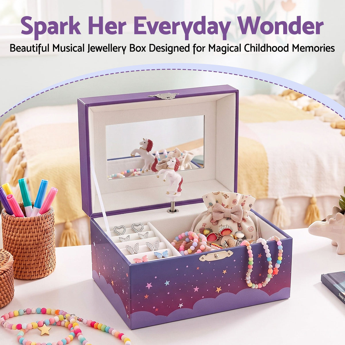 Keezi Kids Musical Jewellery Box with Mirror Purple Unicorn Wind-Up Girls Gift