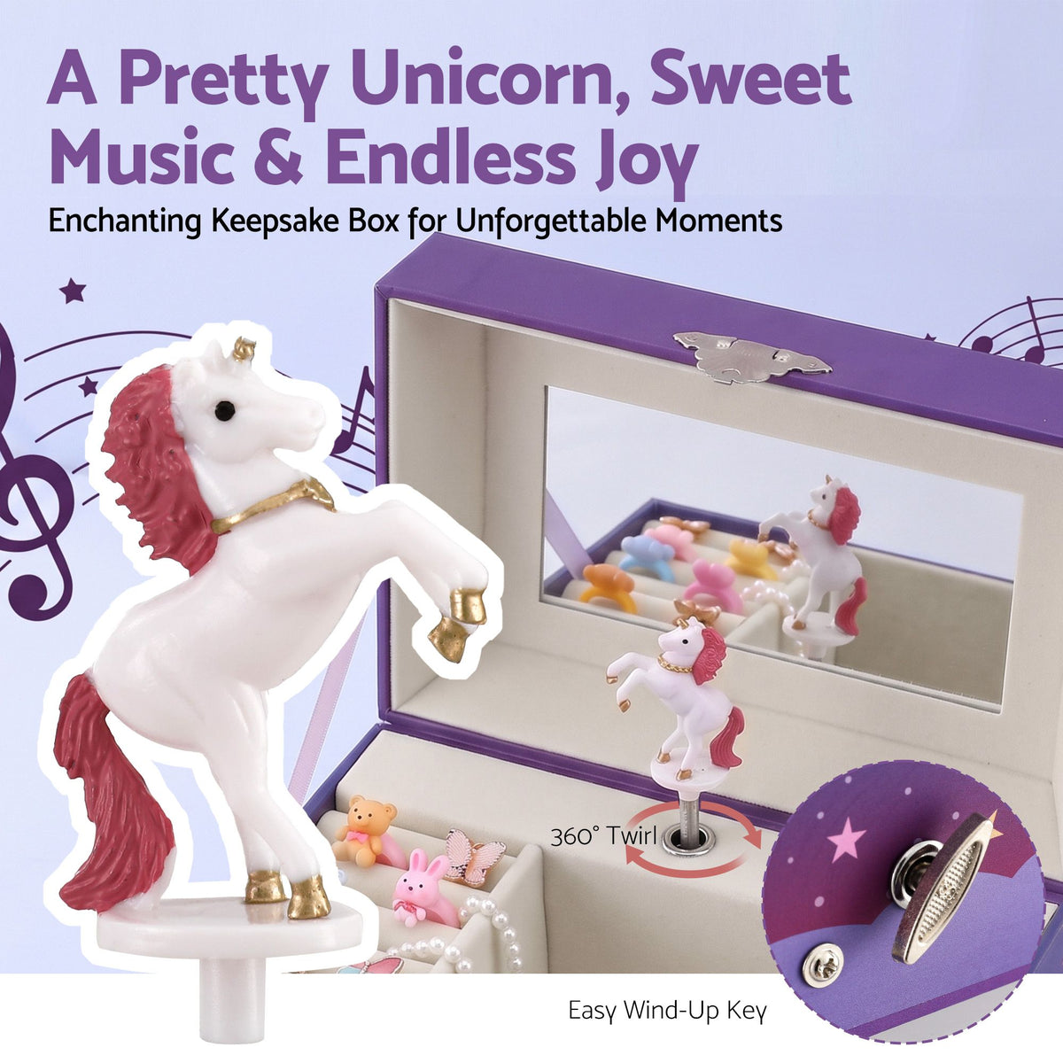 Keezi Kids Musical Jewellery Box with Mirror Purple Unicorn Wind-Up Girls Gift