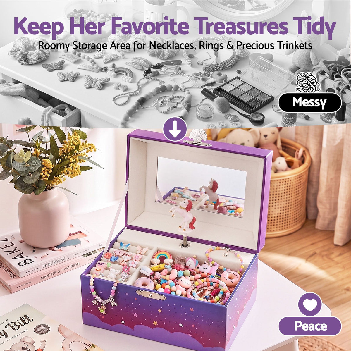 Keezi Kids Musical Jewellery Box with Mirror Purple Unicorn Wind-Up Girls Gift