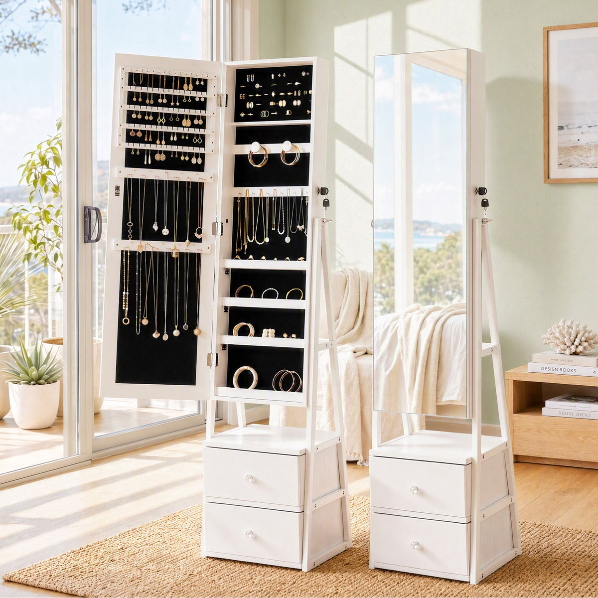 Artiss Lockable Jewellery Armoire with Mirror 154cm Freestanding Cabinet White