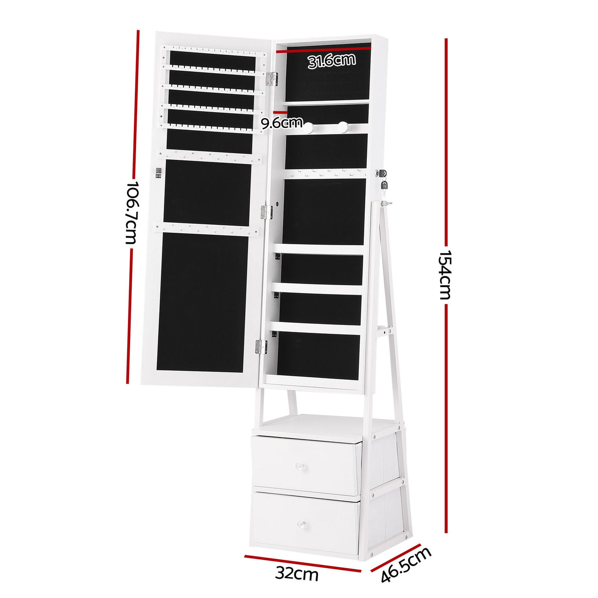 Artiss Lockable Jewellery Armoire with Mirror 154cm Freestanding Cabinet White